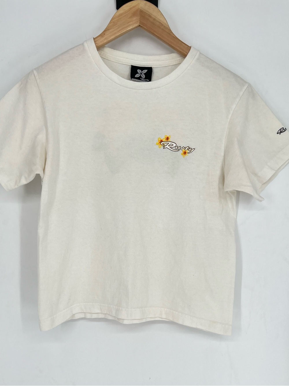 Vintage Rusty Cream Short Sleeve Tee Sunflower Logo Surf Graphic y2k 90s crop